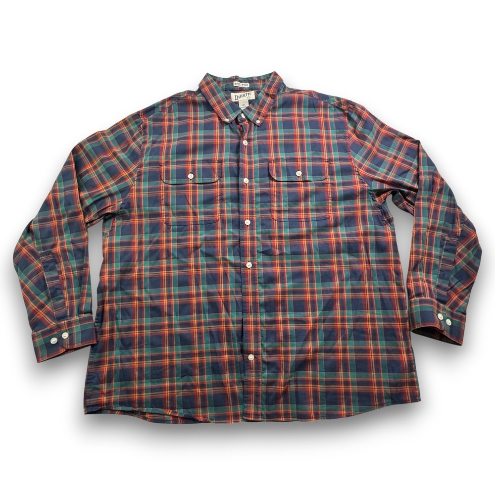 Duluth Trading Co Mens 2XL Untucked Plaid Button Down Shirt Navy Green Red 53806